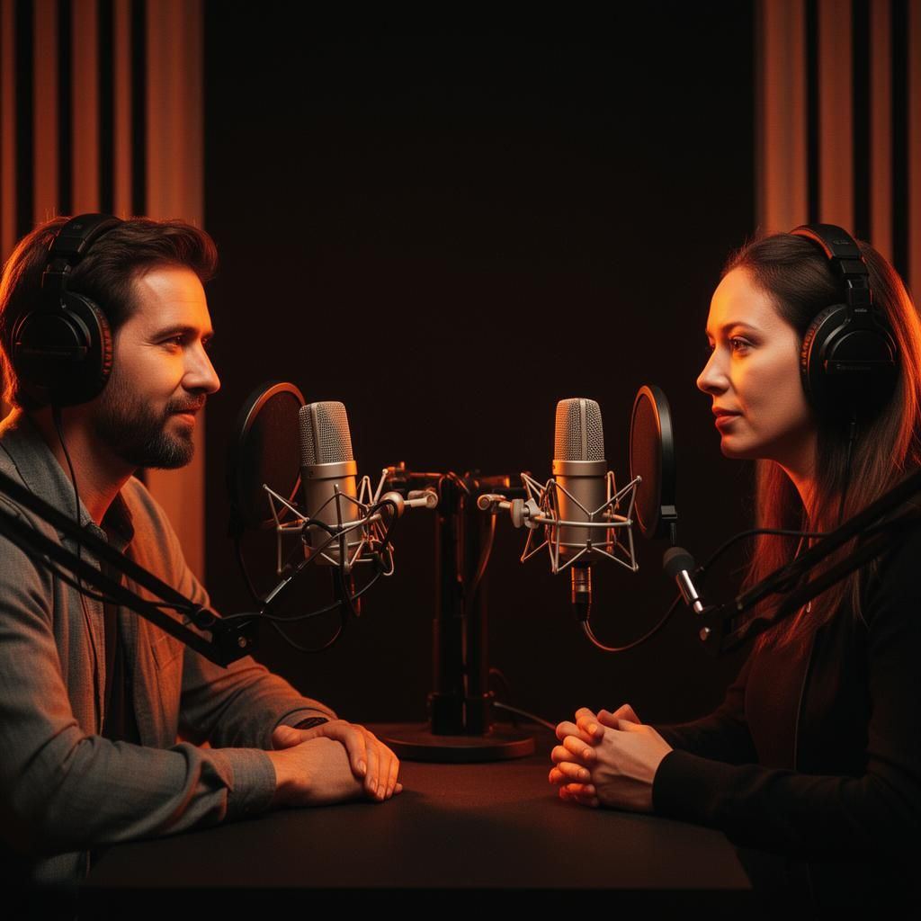 Podcast hosts recording a video episode